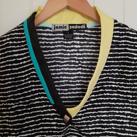 Jamie Sadock Textured Striped V-Neck Short Sleeve Top Black White Size L - Picture 4 of 15